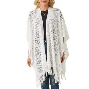 4833 Women's Fringe Crochet Shawl Wraps Lightweight Open Front Poncho Cardigan